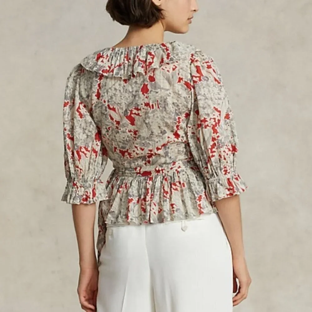 Polo Ralph Lauren Ruffled Floral Cotton Wrap Top Size XS NWT